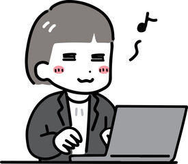 Obraz premium 鼻歌交じりに笑顔でパソコンを使うオフィスカジュアルの女性