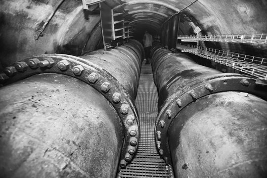 Two large-diameter pipeline lines for the supply of drinking water in the underground gallery.