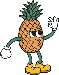 Groovy cartoon stickers. Pineapple character mascot logo design retro style.