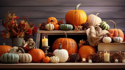 An image showcasing autumnal decorations, pumpkins, and gourds arranged on a table, creating a cozy and festive atmosphere, with room for text nearby. AI generated.