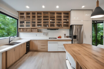 Modern kitchen room interior with wooden table and refrigerator. Modern kitchen village house concepts