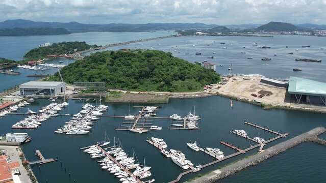 Aerial views from over Flamenco Island and Perico Island, outside of Panama City, Panama.