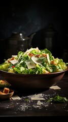 Fresh caesar salad with parmesan cheese and cherry tomatoes, eggs, croutons on dark background. created with Generative AI