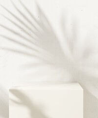 Cube cream side table podium in sunlight, palm leaf shadow on white cement wall. Luxury organic...