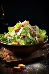 Fresh caesar salad with parmesan cheese and cherry tomatoes, eggs, croutons on dark background. created with Generative AI