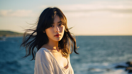 Fototapeta na wymiar 夏の海に来た悲しい表情のアジア人女性・失恋・女優・モデル 