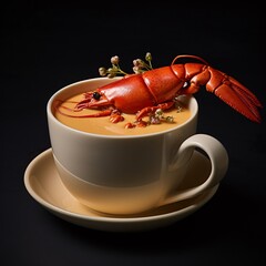 Lobster bisque soup with cream and parsley, herbs and seeds. on a black background. Culinary photo. created with Generative AI