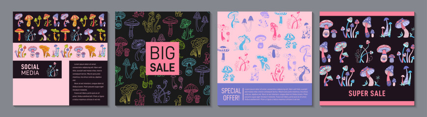 Mushrooms stylizes retro cover or square card design set. Poisonous psychedelic abstract fungus pattern page flyer, trendy notebook planner. Decorative mystical boho mushrooms background template