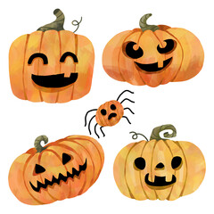 Set of Watercolor Pumpkins. Jack O’Lantern. Watercolor Halloween Pumpkin Painting style Vector