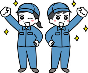 笑顔でガッツポーズをする作業服＆帽子の若い男女(全身)