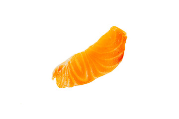Enhance raw salmon's vibrant white and orange textures, remove shadows, isolate on a white...