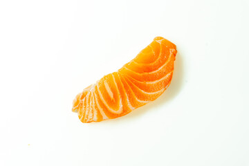 Raw salmon's vibrant white and orange textures, remove shadows, isolate on a white background for a captivating picture.
