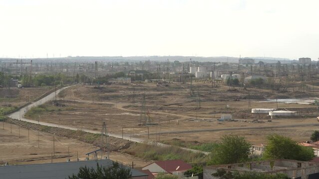Industrial city. Oil waste. Areas contaminated with diesel fuel. Oil wells. Baku city 