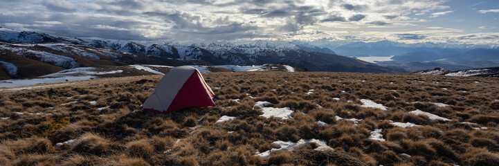 Camping panorama mountain landscape in New Zealand