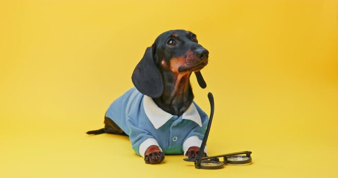 Dachshund student in glasses sitting against yellow studio wall. Domestic doggy student modelling for academic magazine and newspaper
