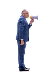 Old businessman holding megaphone isolated on white