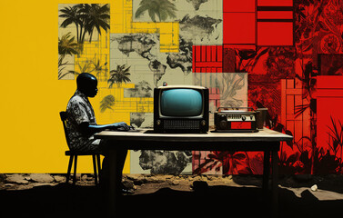person concentrating at a desk with a TV and other equipment present, yellow and red screen-printing style