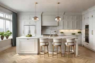 Fototapeta na wymiar Kitchen interior with wooden floors, marble countertops and white cabinets with built-in appliances. A marble bar stands with stools in the foreground. 3d rendering mock up.