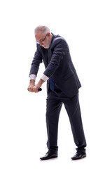 Old businessman holding penlight isolated on white