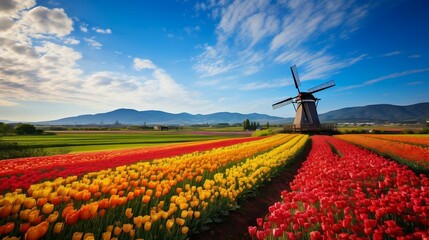 Vibrant tulip fields stretching to distant windmill

