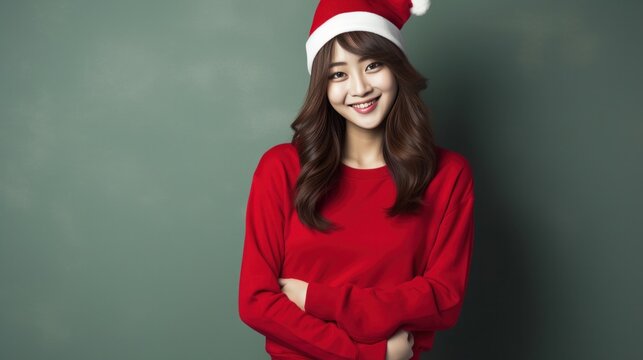 Portrait of Happy Asian woman dressed in red Christmas hat and red sweater.