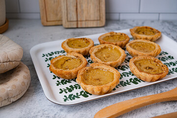 Portuguese traditional dessert. homemade egg tart or custard pie .