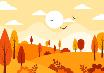 Autumn Landscape Background Vector Illustration with Mountains, Fields, Trees and Fall Leaves in Flat Cartoon Natural Season Panorama Templates