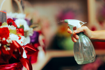 Florist Watering Plants to Keep the Fresh in a Flower Shop. Professional store assistant taking care of the floral arrangements 
