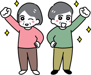 笑顔でガッツポーズをしている私服のシニア男女(全身)