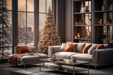 A cozy contemporary living room adorned with a Christmas tree, and featuring a snow-covered park view, creating a serene and festive atmosphere. Photorealistic illustration, Generative AI