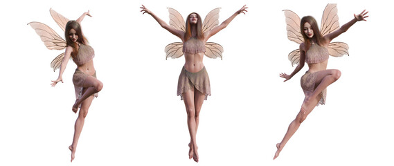 3d illustration rendering. Portrait of a fantasy fairy dancing set on white background. with clipping path
