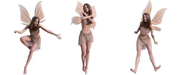 3d illustration rendering. Portrait of a fantasy fairy dancing set on white background. with clipping path