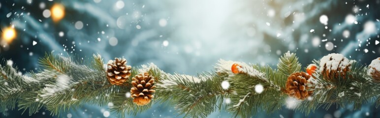 Branches and snowfall flakes covered in snow on a winter panorama background. Christmas banner.