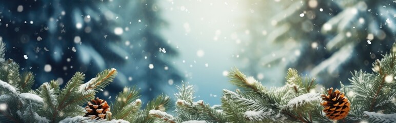 Branches and snowfall flakes covered in snow on a winter panorama background. Christmas banner. - obrazy, fototapety, plakaty