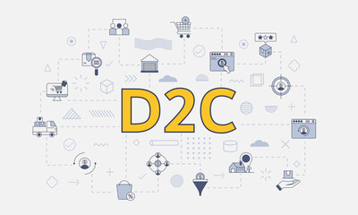 d2c direct to consumer concept with icon set with big word or text on center