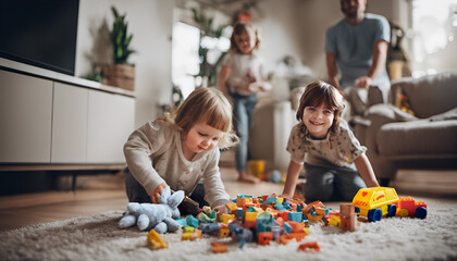 Happy young children playing at home. Australian family home. Ai Generated. - obrazy, fototapety, plakaty