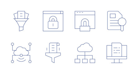 Data icons. Editable stroke. Containing filter, web security, browser, case, cloud data, data.