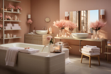 Peach fuzz colour and pink bathroom with candles, bathtub, towels. Advertising for the spa area. Aromatherapy salon.