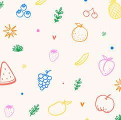 fruits seamless pattern linear, fruits pattern hand drawn
