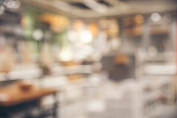 Obraz premium Blurred background shopping mall light bokeh business event in retail store. Blurry abstract background of store grocery. Blur Convention hall center audience present display goods products on shelf.