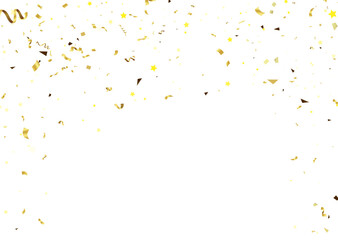 Golden confetti on a white background. Illustration of a drop of shiny particles. Decorative element for your design.