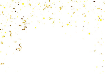 Gold confetti on a white background. Illustration of a drop of shiny particles. Decorative element. Luxury background for your design, cards, invitations, gift, vip.