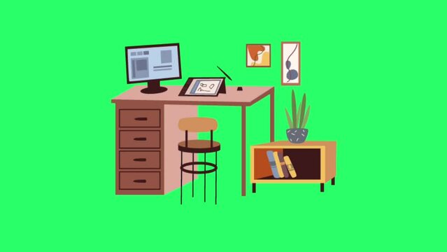 Animation chair and table interior mockup on green background.