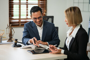 Judge gavel with Justice lawyers having team Concepts of Law and Legal services