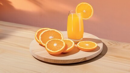 Naklejka premium Fresh orange juice in a glass with orange slices on a wooden plate.