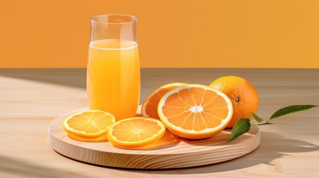 Fresh orange juice in a glass with orange slices on a wooden plate.