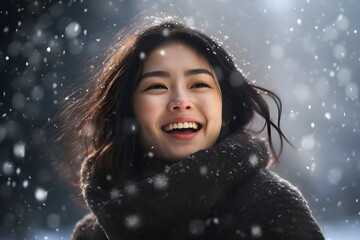  雪が降って嬉しそうな日本人女性