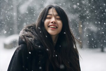  雪が降って嬉しそうな日本人女性