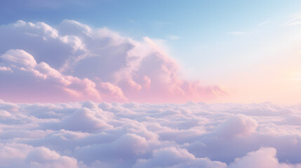 Fototapeta na wymiar Beautiful aerial view above clouds at sunset, Beautiful cloudscape with blue sky and pink clouds. 3d illustration. Generated AI