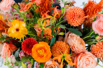 Bouquet of flowers in warm tones with white background